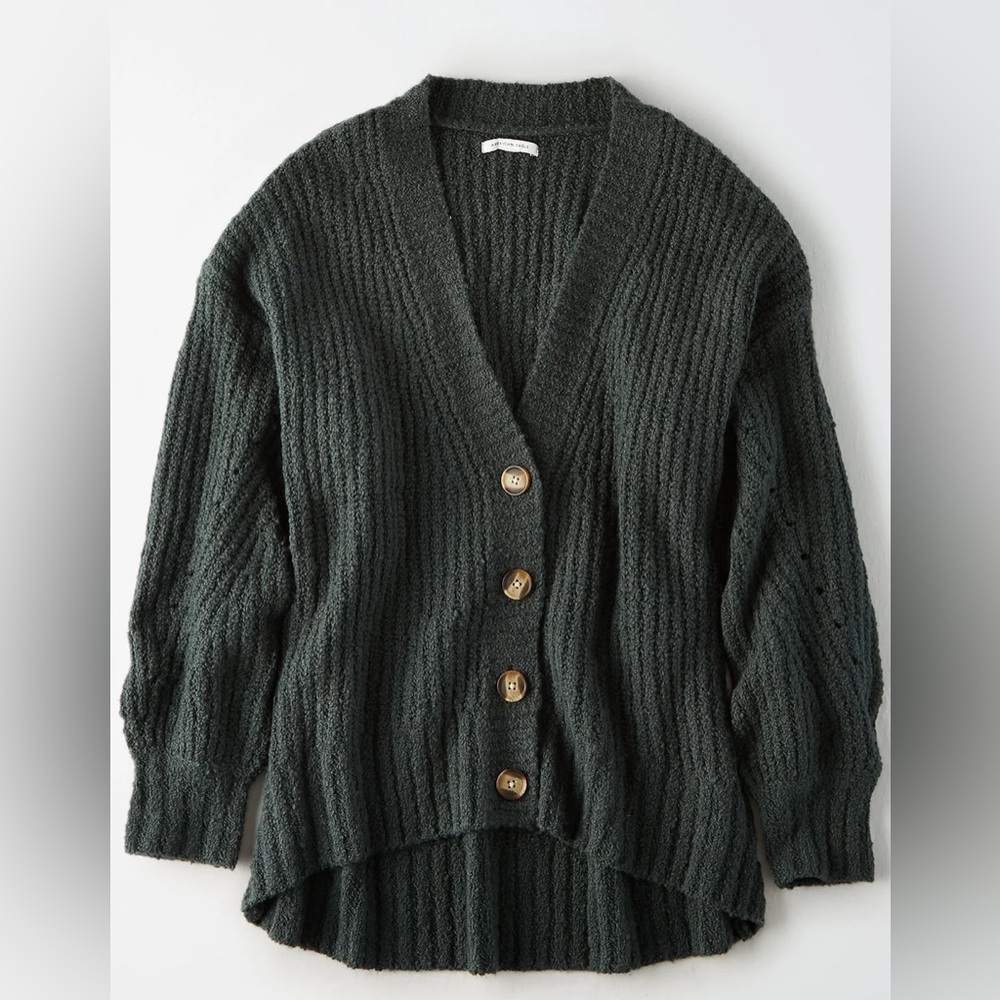 American Eagle Ribbed Knit Chunky Button Cardigan Women S Green